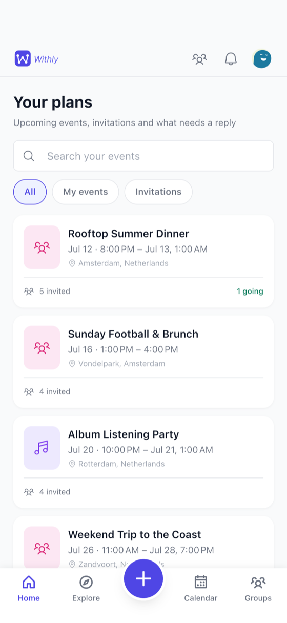 The Withly app on a phone, showing upcoming events with who's invited and who's going.